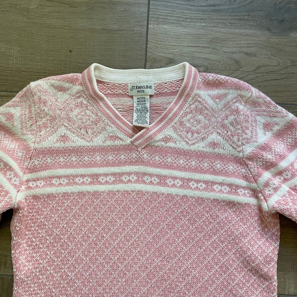 St. Johns Bay Sweater Womens Medium Petite Pink Fair Isle beaded Angora Pullover - Picture 2 of 12
